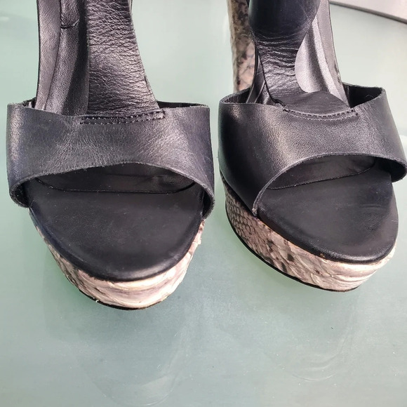 Aldo Black T Strap Platform Snake Wrap Sandel Heel  Sz 37 - Picture 3 of 7